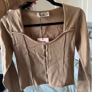Pretty Little Thing  Hook And Eye Sheer Sleeve Beige Crop Top - NWT